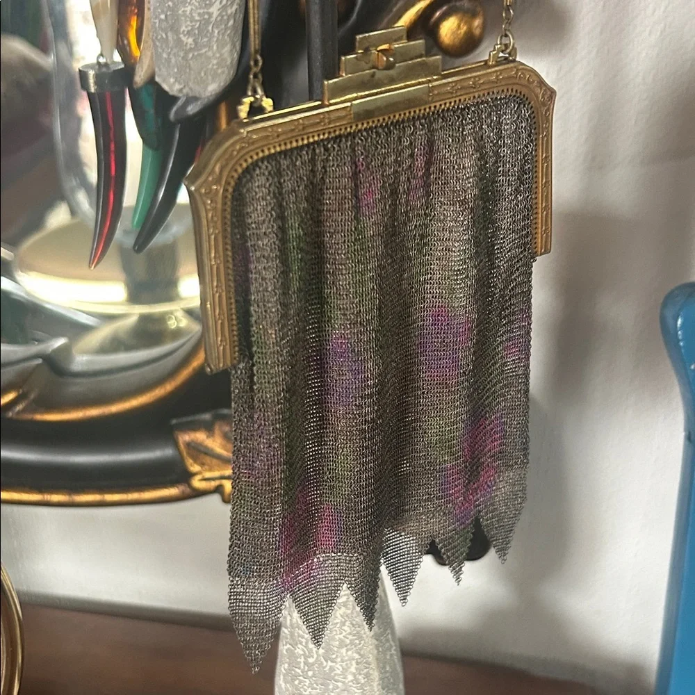 Antique Art Deco Dresden Mesh Watercolor Floral Purse Handbag - Picture 5 of 15